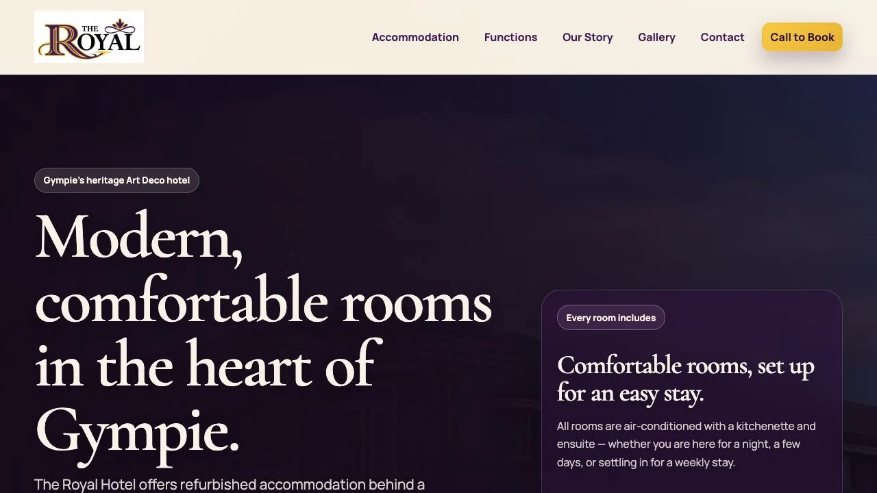 The Royal Hotel Gympie website homepage shown on desktop
